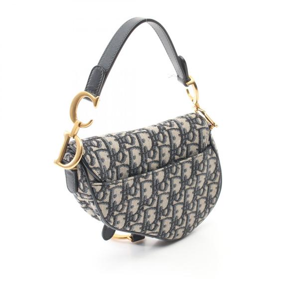Dior Saddle Oblique Handbag Canvas Leather Beige Navy Blue - Picture 2 of 9
